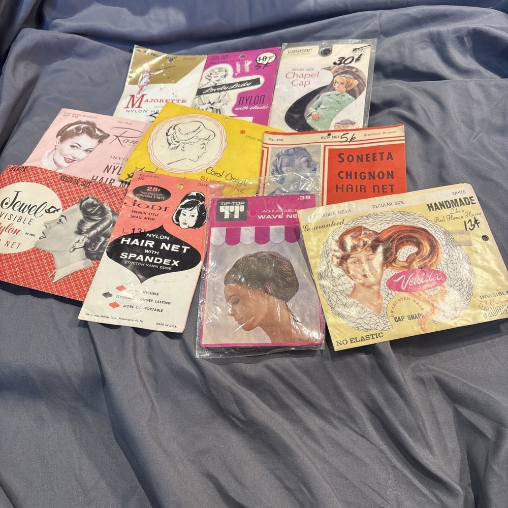 Vtg Lot 10 1940-50s Nylon & Human Hair Nets Hairnets Majorette Ronney NEW NOS